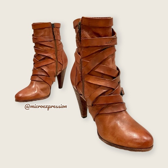 $369 Frye Mikaela Strappy Cognac Distressed Leather Zip Up Career Ankle Bootie - Picture 10 of 11